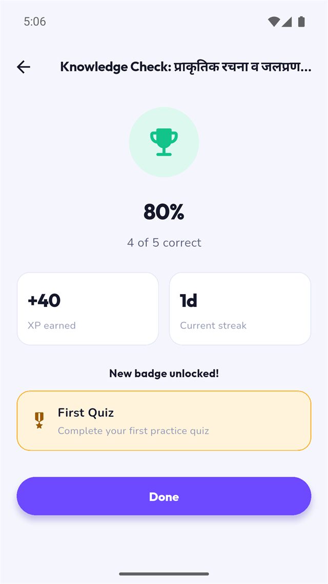 A completed knowledge check showing 80 percent, four of five correct, XP earned and a streak